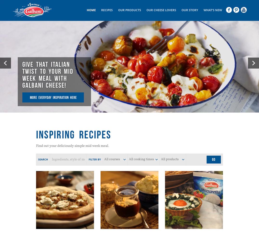 Galbani home page, showing a an image carousel and recipe grid view with filters.