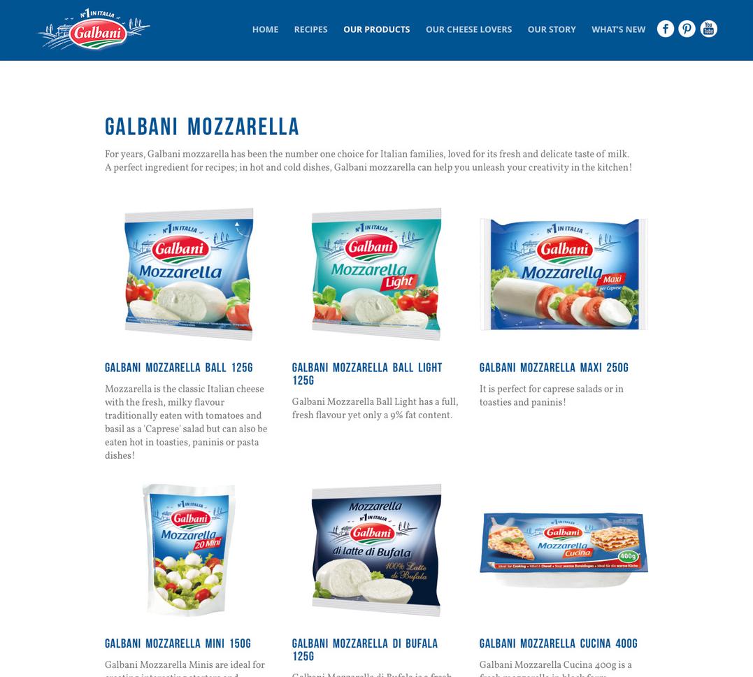 Galbani products page, showing a grid of cheese products and descriptions.