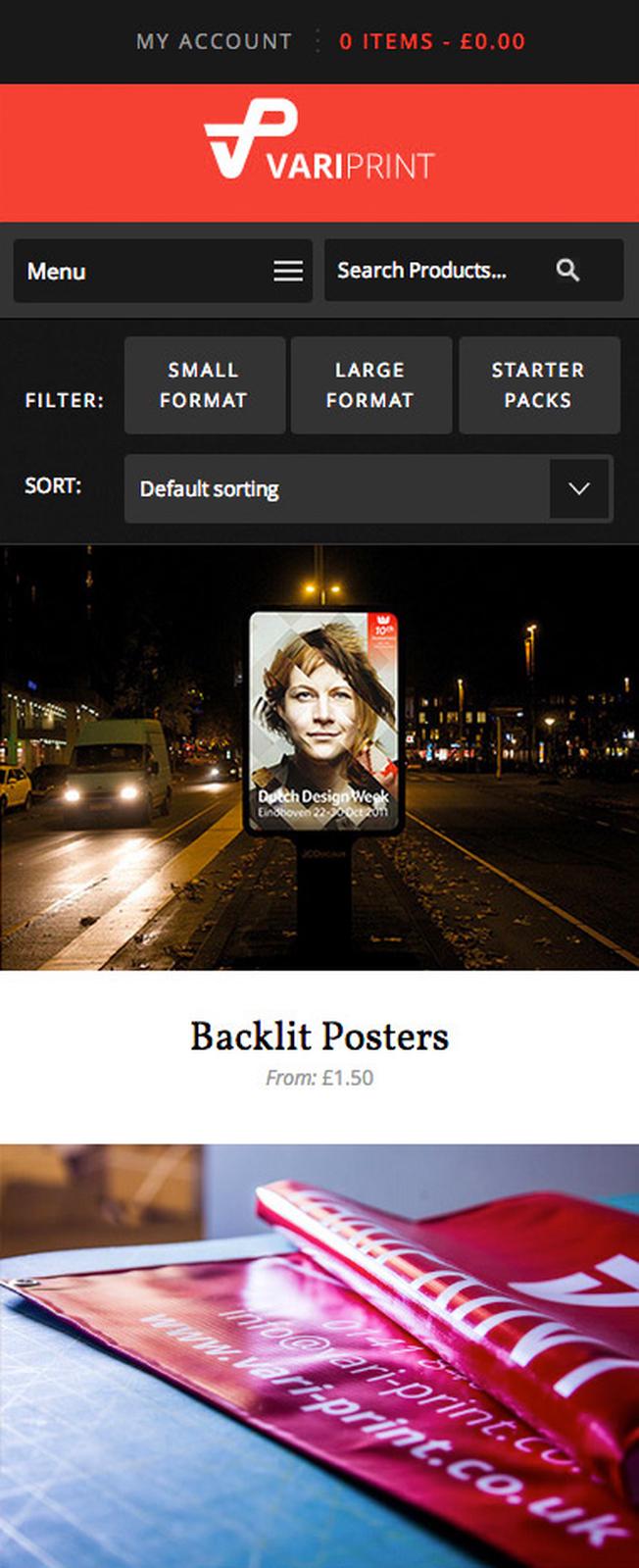 VariPrint products page mobile view