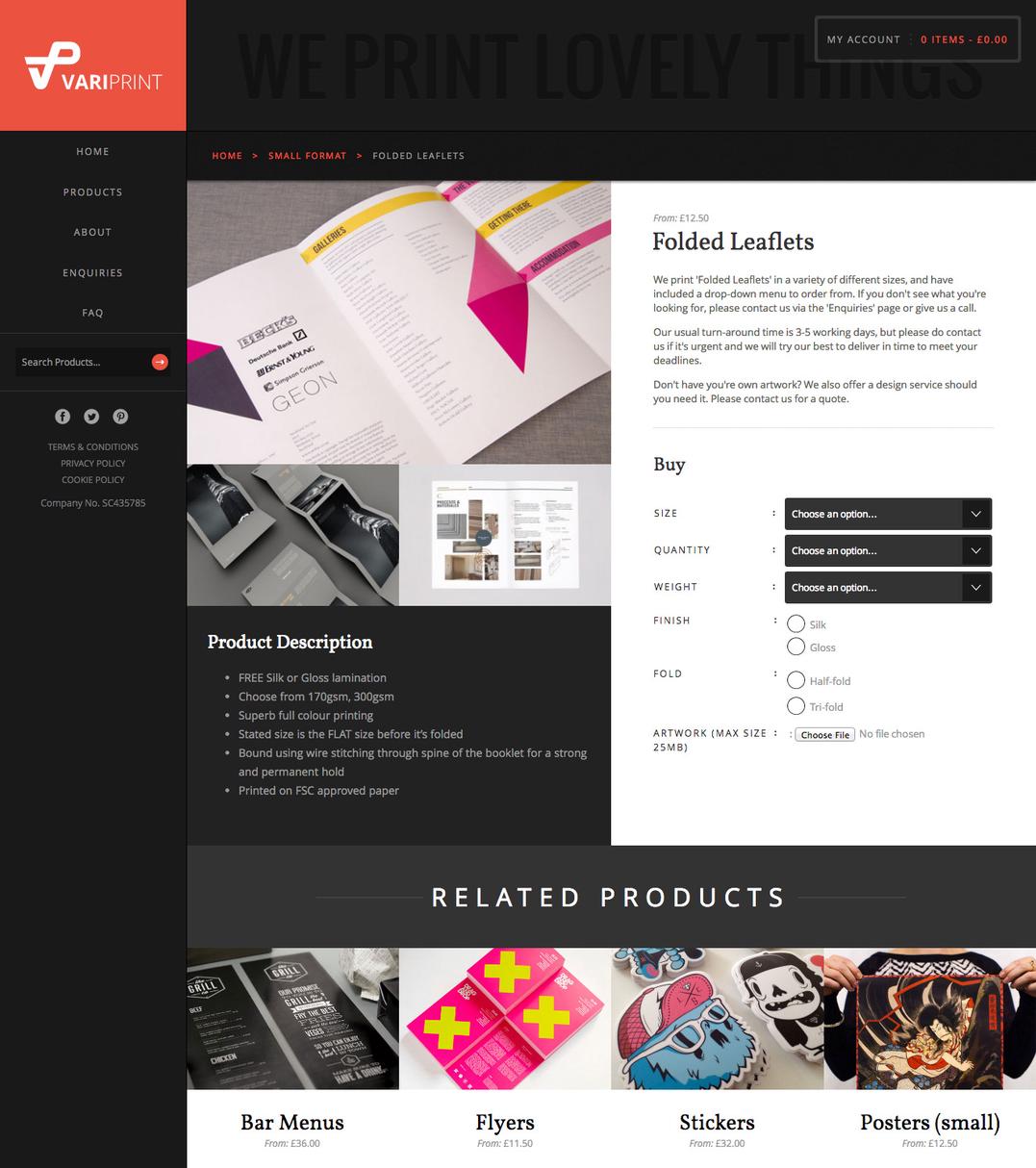 VariPrint single product page showing product information and options such as size, finish etc.