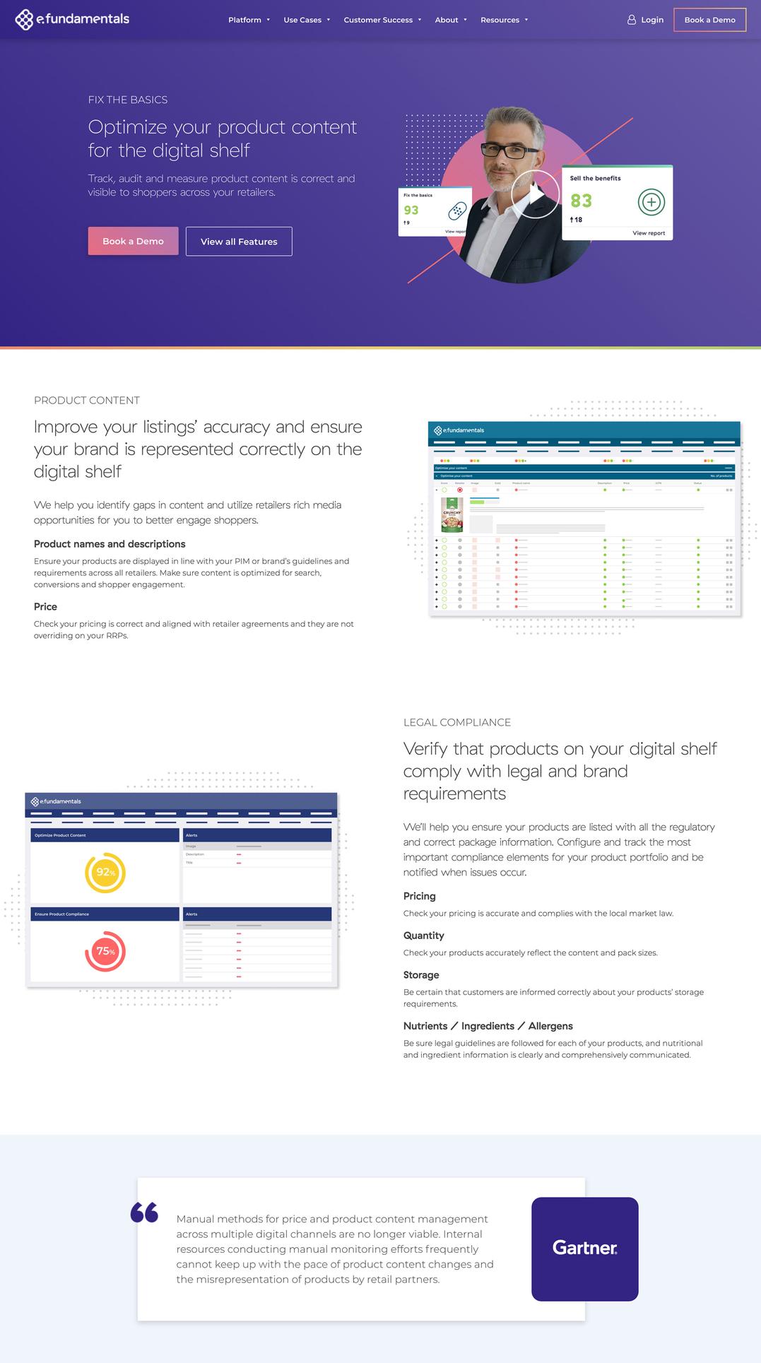 The Platform child page showing a call to action, testimonial and product dashboard imagery.