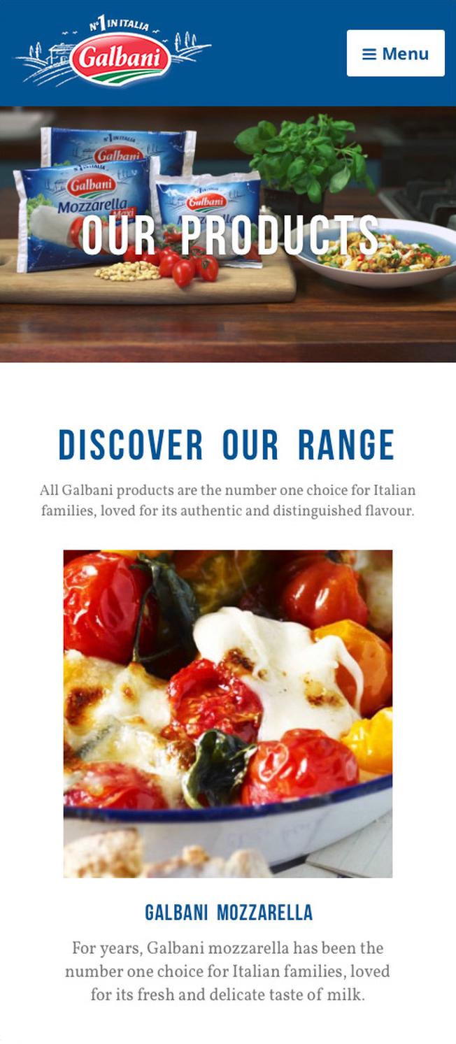 Galbani products page mobile view