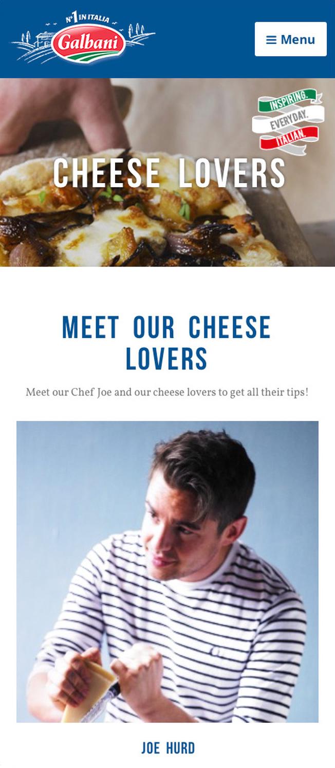 Galbani blog page mobile view, highlighting chef Joe Hurd