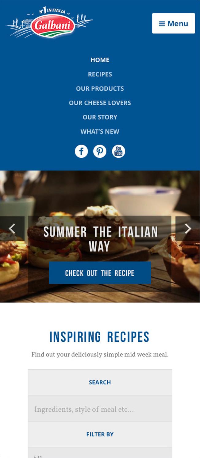 Galbani recipes page mobile view with main menu expanded.