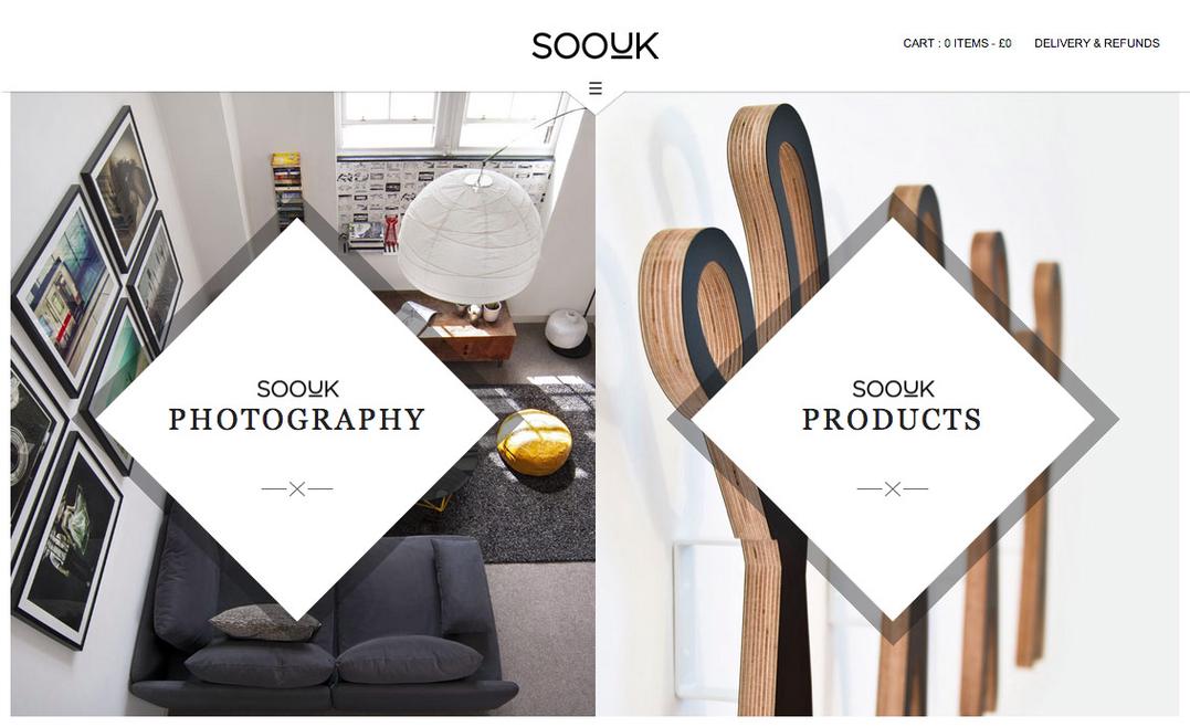 SooUK home page, showing a split view design offering Photography and Products options.