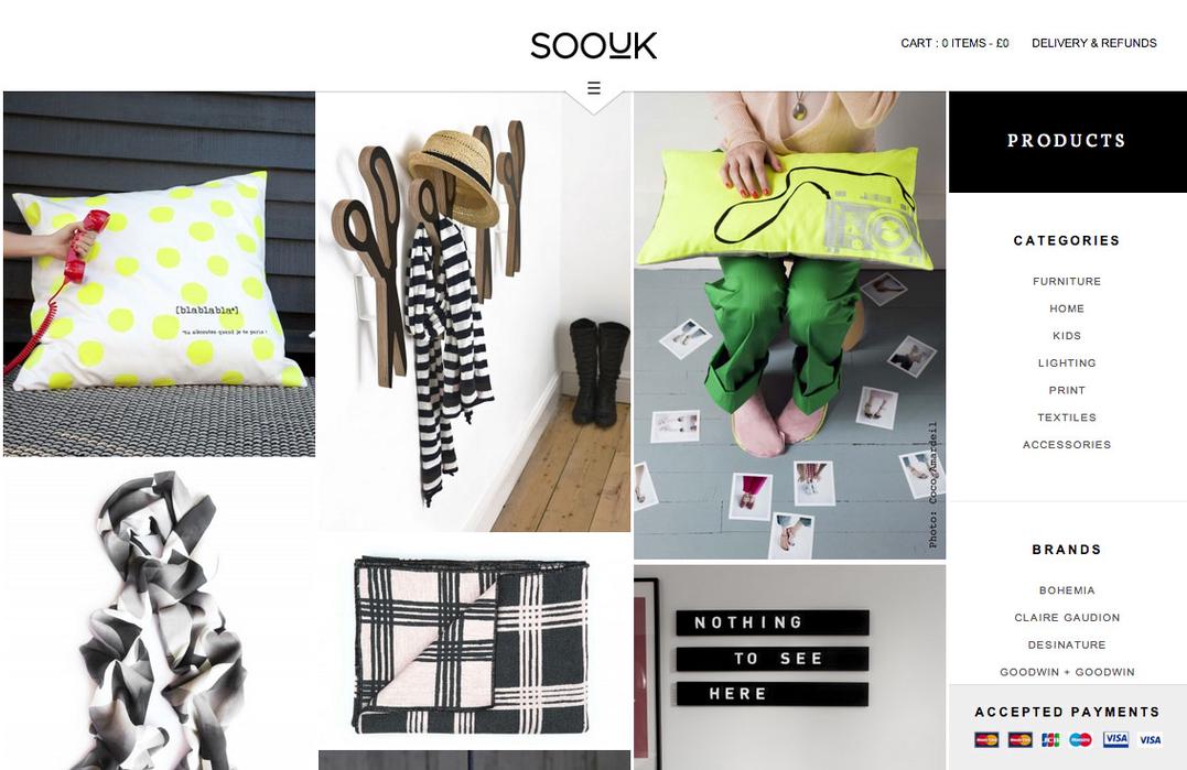 SooUK products page, showing a grid of products with category and brand filters.